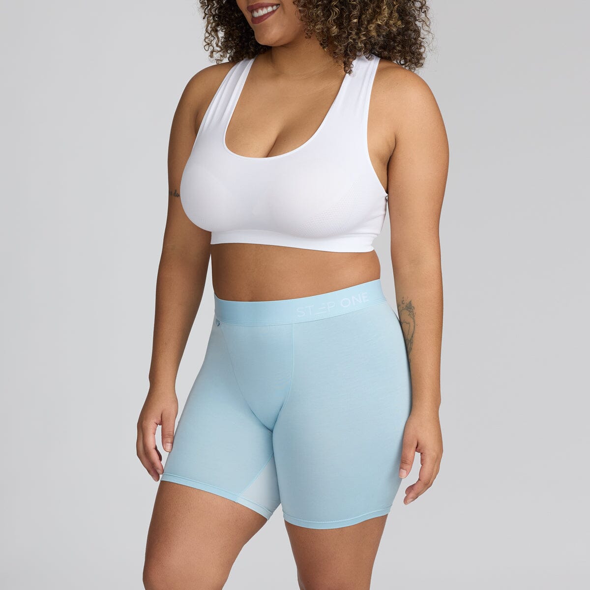 Women's Bamboo Underwear Body Short in Light Blue - Model:Fabiana