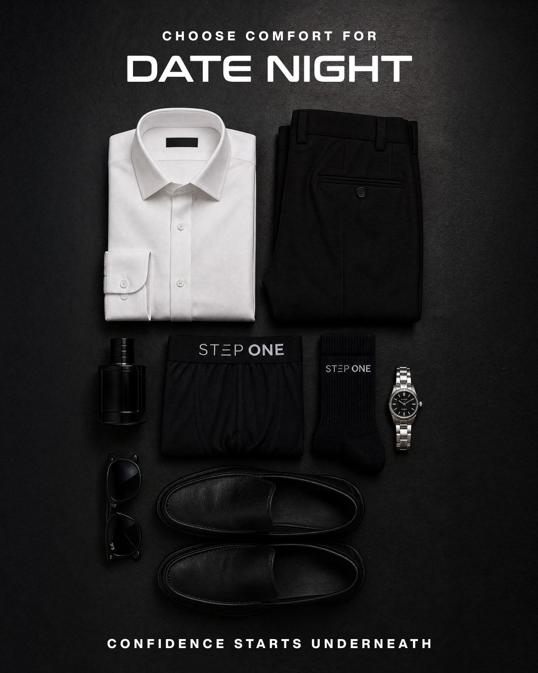 Date night outfit flat lay with Step One underwear and socks