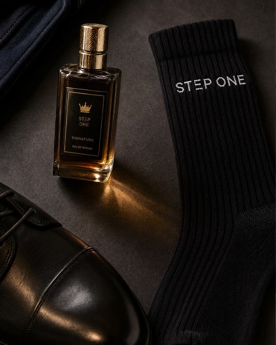 Black Step One crew sock beside leather shoes