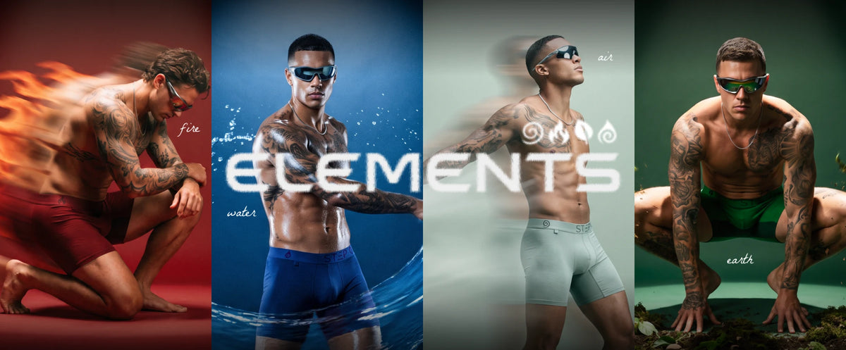 Elements: four men in Step One boxer briefs, one each for fire, water, air and earth