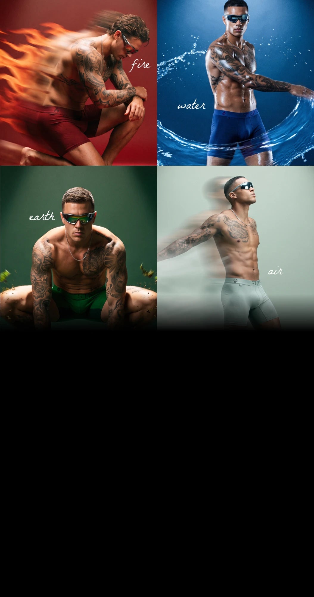 Elements: four men in Step One boxer briefs, one each for fire, water, air and earth